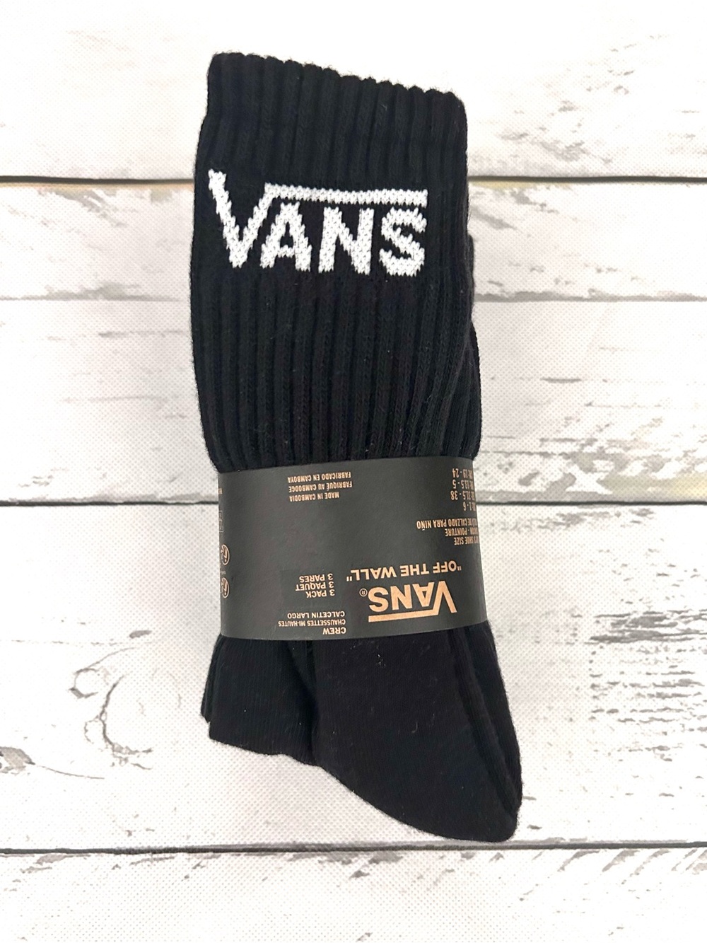 Vans Black Crew Socks with Black Logo - 3 Pack Boys Sz 1 - 6 NWT